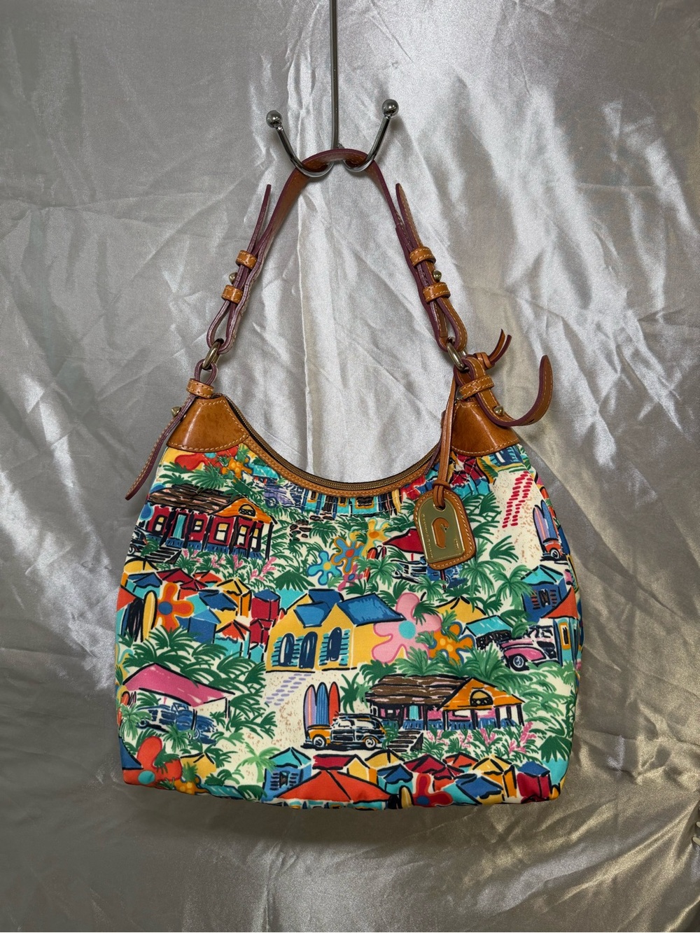RARE Dooney & Bourke Multicolor Tropical Print Hobo Bag with Brown Leather Trim